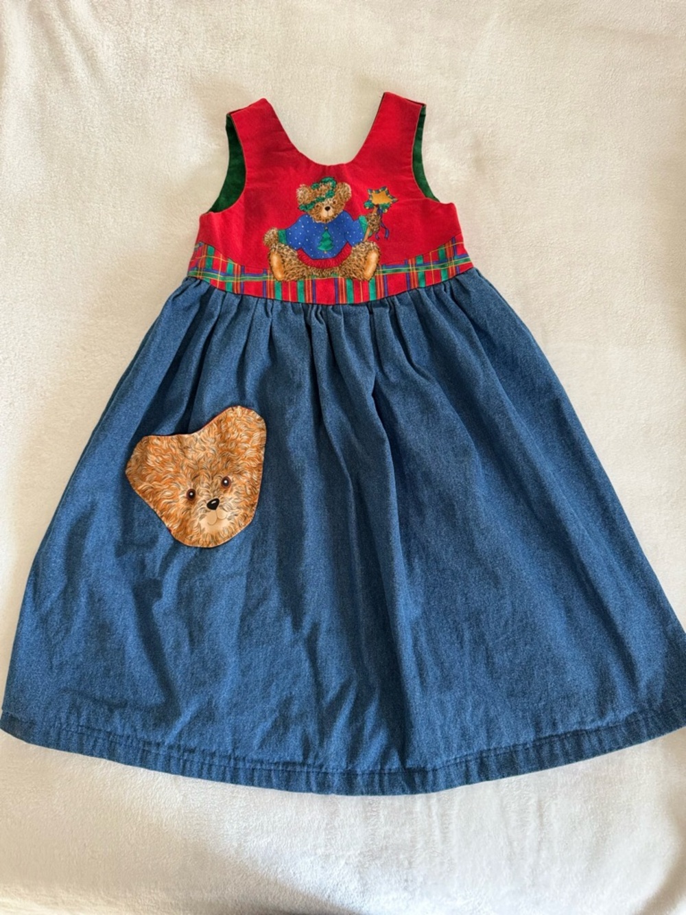 Vintage 90’s Girls Denim Teddy Appliqué Dress Christmas